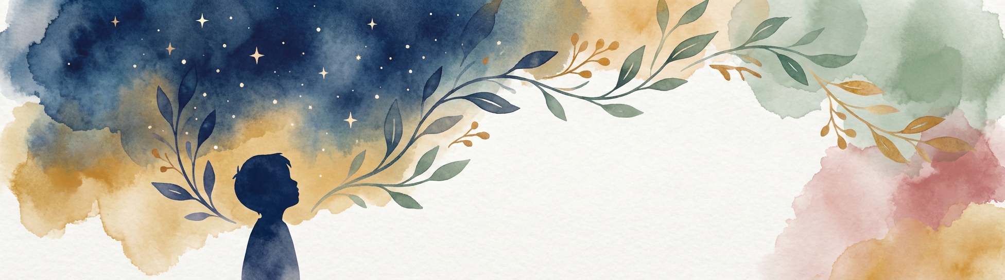 Watercolor illustration of a child dreaming under constellations